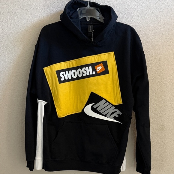 Upcycled Nike Swoosh Black and Yellow Hoodie - Picture 1 of 10